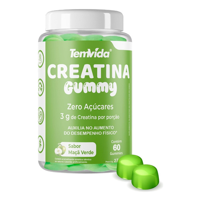 Creatina Gummy Monohidratada Zero Açúcar 60 Gomas - Tem Vida Sabor Maçã Verde