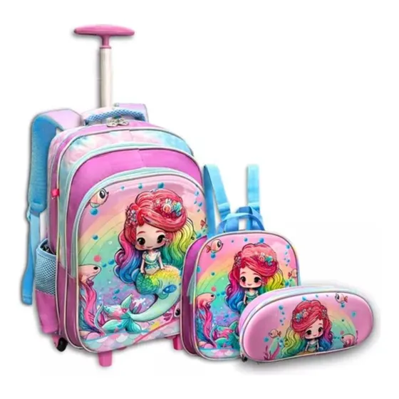 Mochila Sereia 3d Escolar Infantil Rodinha Lancheira Estojo