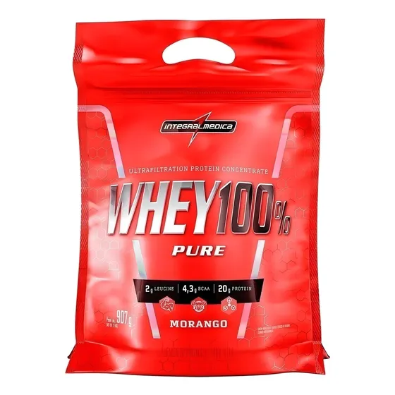 Whey 100% Pure Pouch 900g Morango Integralmédica