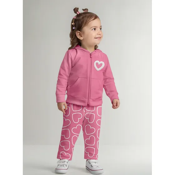 Conjunto Infantil Moletom Capuz E Zíper Rosa Corações Kyly