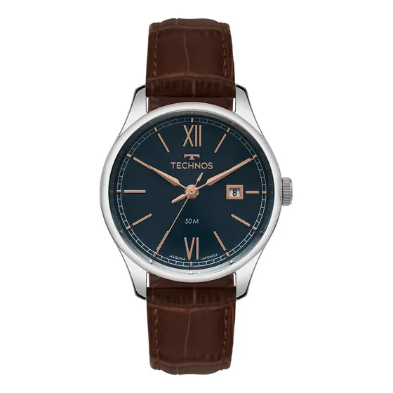 Relógio Technos Masculino Executive Prata - 2115tyz/0a Correia Marrom Bisel Azul