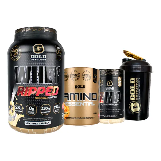 Combo Tonificador Gold Nutrition Whey Ripped Amino Zma Vaso