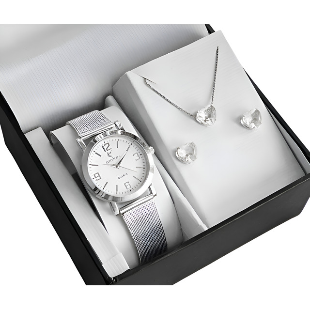 Relógio Feminino Quartz Prova D Água + Kit Colar E Brincos Prata