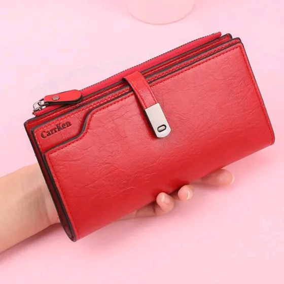 Monedero Largo Rojo De Dama, Con Broche Imantado