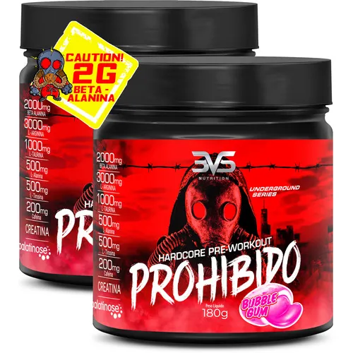 2 Unidades Do Pré Treino Prohibido 180g - Sabor: Bubble Gum - Fórmula Exclusiva Com Creatina, Beta Alanina, Taurina, Cafeína, Arginina, L-tirosina, Palatinose E L-alanina