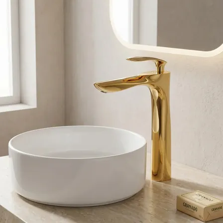 Torneira Alta Banheiro Lavabo Monocomando Misturador Cor Dourado Yesop Brilhante