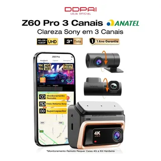 Ddpai 3'' Ips Câmera Veicular Z60 Pro 3 Canais Duplo Sensores Sony Starvis 2 Imx Dash Cam Para Carro 4k+2k+1080p Dual Hdr 3k/60fps Suporte 4g Lte 5g Wifi Gps Visão Noturna