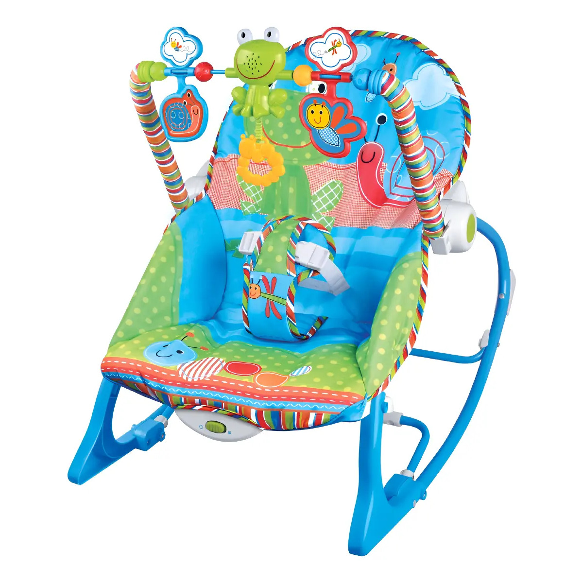 Cadeira de descanso para bebês modelo Funtime da Maxi Baby, com estampa colorida de bichinhos, barra de brinquedos suspensa e estrutura azul