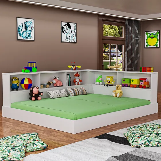 Cama Com Cabeceira De Nicho Prateleira Casal Montessori Mdf