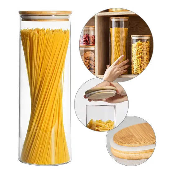 Pote De Vidro Com Tampa De Bambu 1800ml Espaguete Macarrão