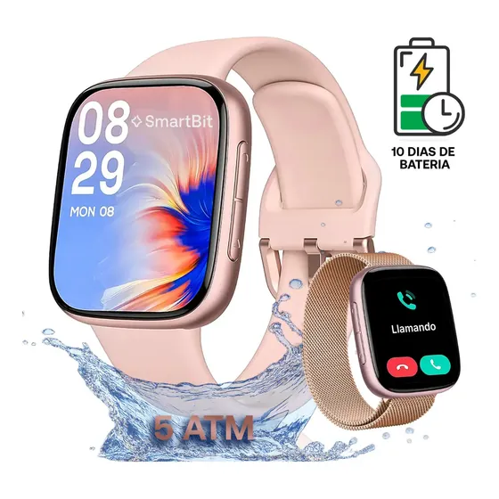 Reloj Inteligente Mujer Sumergible Smartbit Swim Rosa Smartwatch Sumergible 50 metros Natacion Brazadas Distancia Bateria 10 Dias Larga Duracion Deportivo Llamadas Mensajes Cuadrado Malla Extra