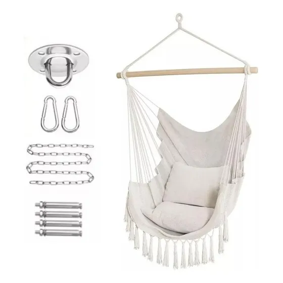 Hamaca Paraguaya Sillon Colgante Almohadones Soporte Madera jardin patio IMBACK Color Beige