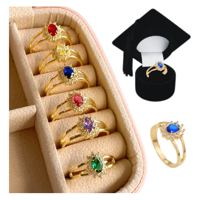 Anel Formatura Feminino Pedra Banhado Ouro E Caixinha Capelo