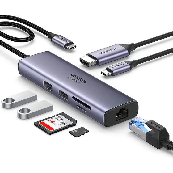 Adaptador Hdmi Hub USB C 7 en 1 4k 60 Hz Rj45 Dex Sd Pd 100 W Ugreen 60515 Color Gris | Cuotas sin interés