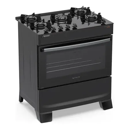 Fogão 5 Bocas Atlas Atenas Glass A Gás Com Mesa De Vidro E Mega Chama Preto Bivolt 127/220v