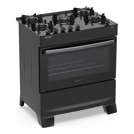 Fogão 5 Bocas Atlas Atenas Glass A Gás com Mesa de Vidro e Mega Chama Preto Bivolt