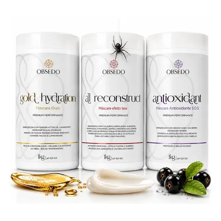 Kit Obsedo 3 Máscaras Cronograma Profissionais 1kg Hidratação Ouro, Reconstrução
