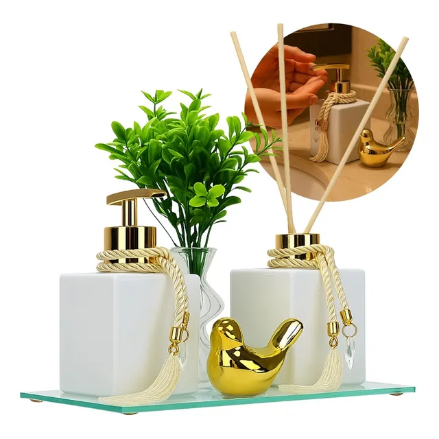 Kit Lavabo Saboneteira E Aromatizador De Ambiente C/ Bandeja