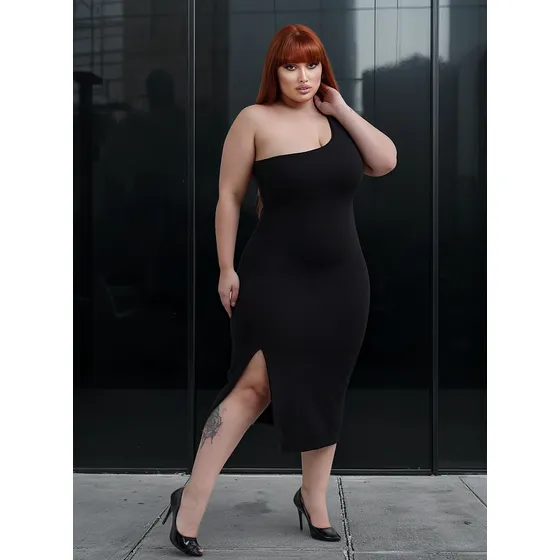 Vestido Midi Plus Size Com Fenda Anarruga Manga Nula