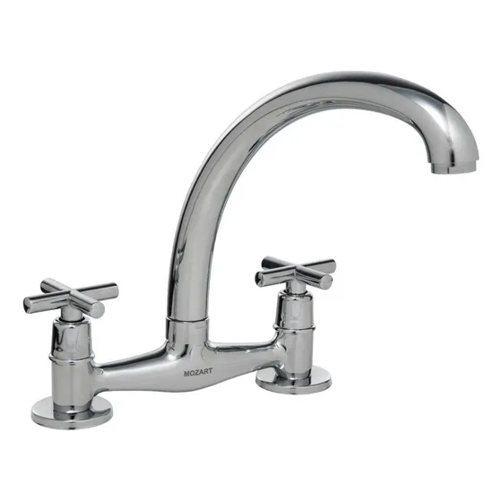 Grifería cocina canilla doble comando Mozart Madrid mezcladora de mesada pico Cisne cromado 8577
