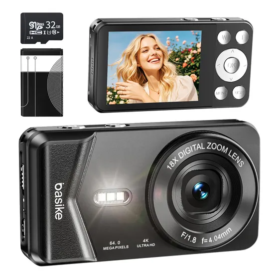 Basike Câmera Digital Portátil 4k Ultra Hd 64mp Máquina Fotográfica , 18X Zoom, Foco Automático e Função Webcam, Carregamento USB, Com Cartão SD YLuz de preenchimento Para Infantil,Iniciantes,Vlog