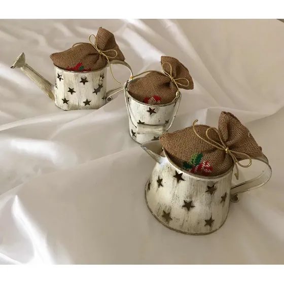 Tazas De Peltre Navideñas, C/bolsas De Fique, 3 Tamaños