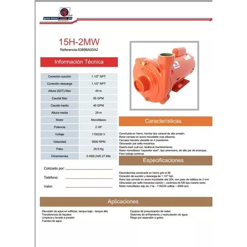 Bomba Centrifuga Ihm Modelo 15h-2mw Motor 2hp 220 Volt 1 Ph