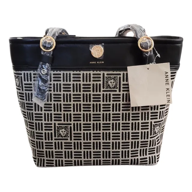Bolsa Tote Medium Anne Klein Logo Pocket Tote Negro Y Cuadros Lisa Oro Negro