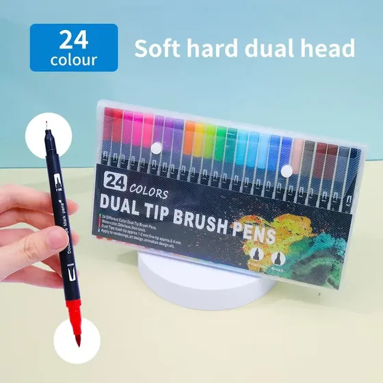 Set 24 Plumones Punta Doble Tipo Brush Para Dibujo Azul