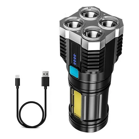 Linterna Led Usb Recargable Alto Alcance 330 Mts 4 Focos Color de la linterna Negro Color de la luz Blanco