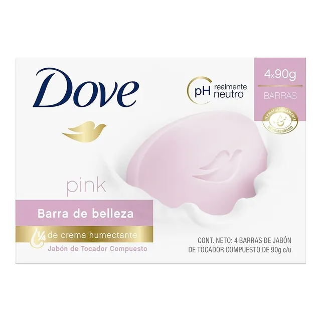 DOVE Jabón en Barra Pink para el cuidado de la piel, dejándola suave y radiante, con 1/4 de crema humectante - 4 barras de 90 g c/u