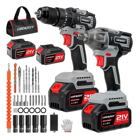 Kit Taladro Atornillador Y Llave De Impacto Inalámbrico Sin Escobillas Color Gris Luckssy Xmmxf217gy 21v