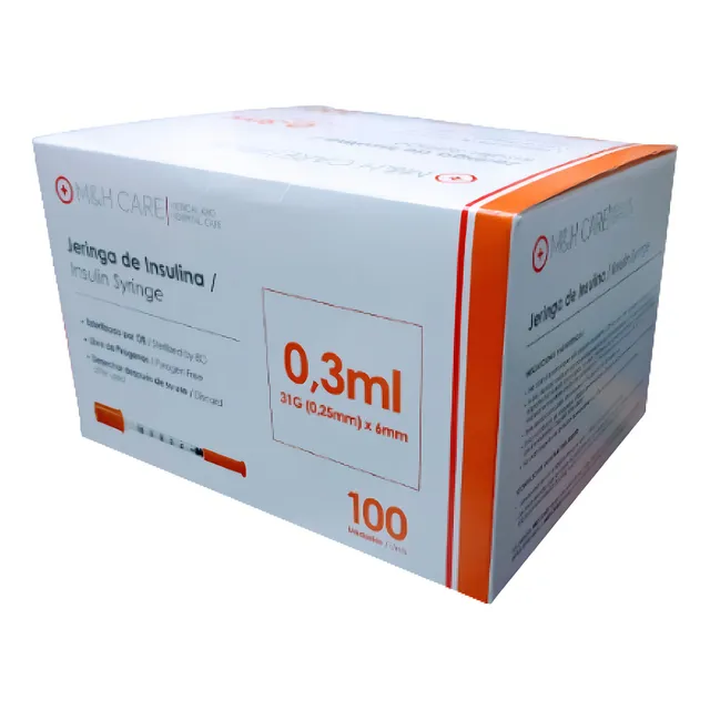 Jeringa De Insulina 0.3 Ml X 31g(0.25 Mm) X 6 Mm. Caja X 100 Capacidad En Volumen 1 Cc