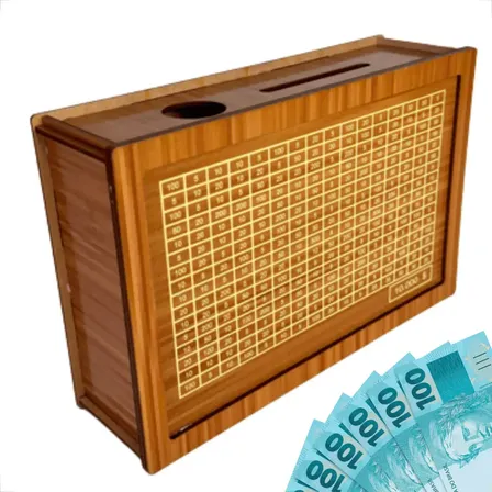 Cofre Desafio Woodbox Cofrinho 10mil 10k Metodo Japones Material Madeira Adesivado - Up Revita Woodbox 10.000 Marrom-claro