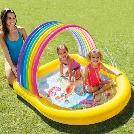 Piscina Inflable Infantil Con  Techo  Arcoiris Y Rociador