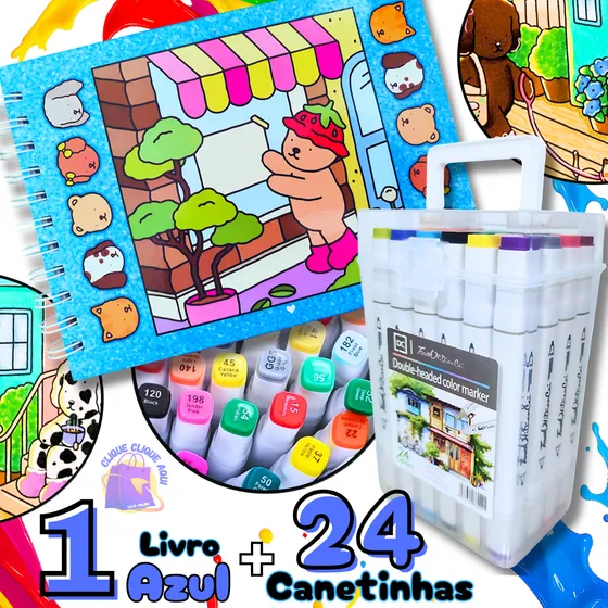 Livro De Colorir Comfy E Cozy Capa Dura E Acetato 50 Folhas Grossas + Kit Maleta Com 24 Canetinhas Marcadores Touch Ponta Dupla - Ideal Relaxamento Retira O Estresse Estimula Criatividade