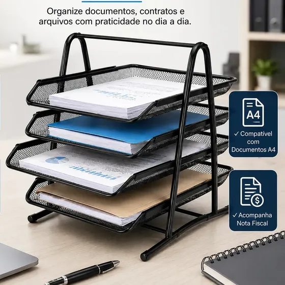 Suporte Organizador De Documentos Papéis E Arquivos A4 Para Mesa De Escritório Com 4 Bandejas