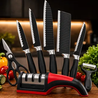 Jogo De Facas E Afiador Inox Profissional De Cozinha 7 Peças Preto