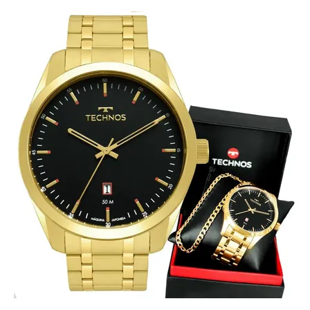 Relógio Technos Masculino Dourado Preto Com Calendário Dourado Preto