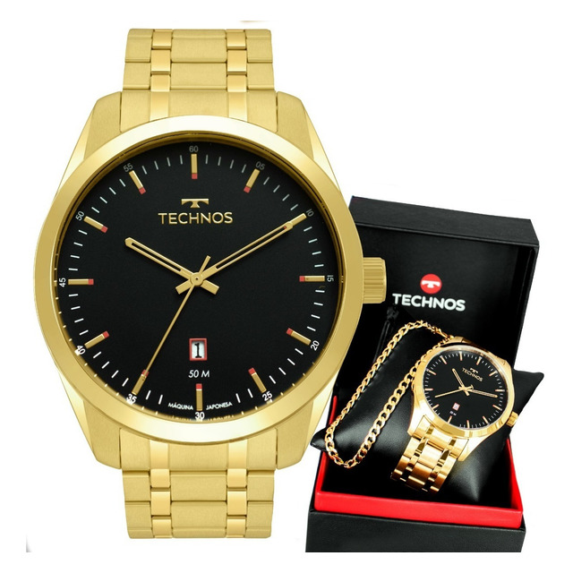 Relógio Technos Masculino Dourado Preto Com Calendário Relógio Technos Masculino Dourado Preto Com Calendário
