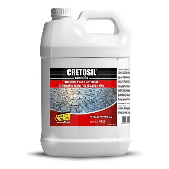 Cretosil Emulsión Sellador Apto Para Pisos Y Superficies Porosas Como: Concreto, Barro, Teja, Ladrillo, Cantera, Yeso, Piedras Y Más. 4 Lts. ( Acabado Brillante, Color Transparente )
