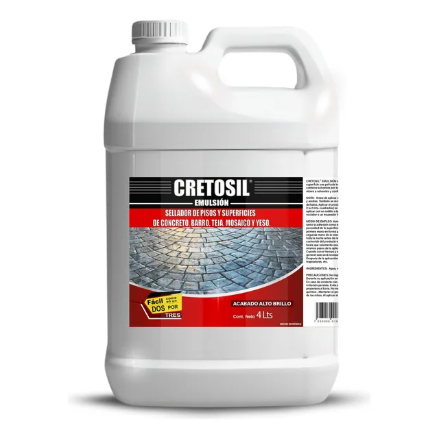 Cretosil Emulsión Sellador Apto Para Pisos Y Superficies Porosas Como: Concreto, Barro, Teja, Ladrillo, Cantera, Yeso, Piedras Y Más. 4 Lts. ( Acabado Brillante, Color Transparente )
