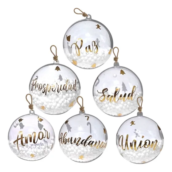12 Esferas Bolas Navideñas Decoradas Personalizadas Con Deseos De Abundancia Con Copitos De Nieve Plásticas Transparentes De 8cm Roy majestic