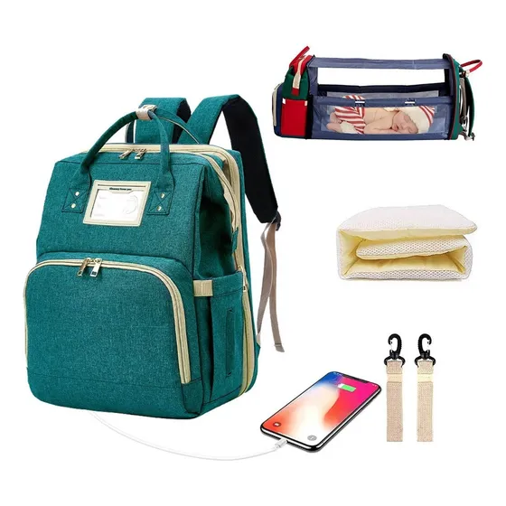 Bolso Pañalera Con Cambiador De Bebe Plegable + Usb Color Verde