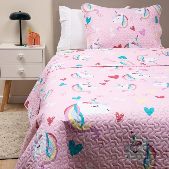 Cubrecama Cobertor Quilt Niña Niño +funda Almohada 1,5 Plaza Color Rosa Unicornio