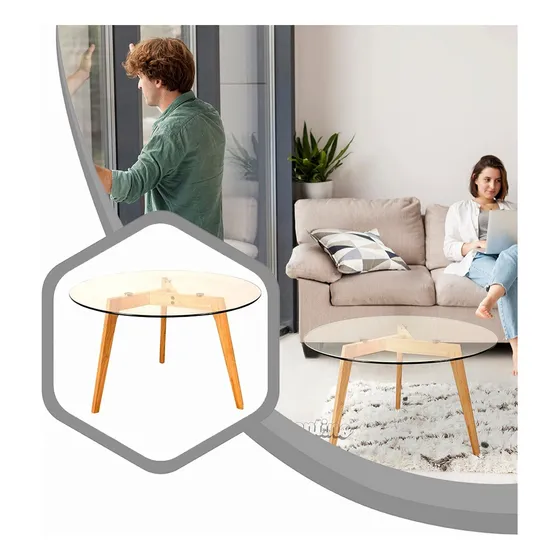 Mesa Ratona Grande Xl 90cm Nórdica Escandinava Madera Vidrio
