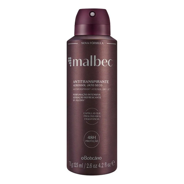 Frasco de desodorante antitranspirante Malbec O Boticário em aerossol, cor marrom escuro com tampa preta, exibindo informações de 48h de proteção e 75g/125ml.