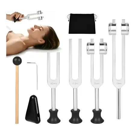Diapasões Kit 4 Peças 128hz 256hz 512hz 1024hz Martelo Prateado