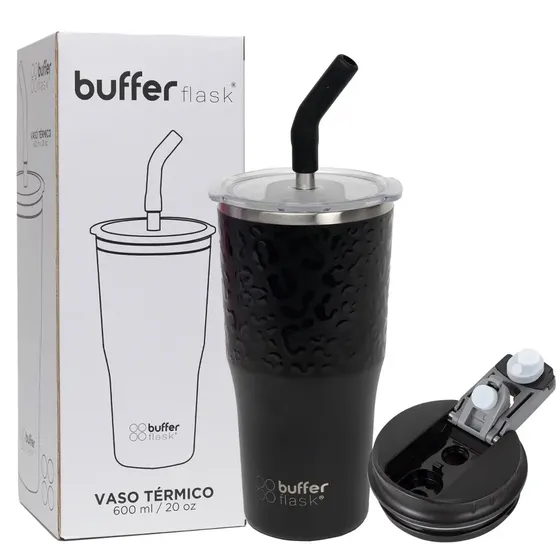 Mug Vaso Termo Agua Cafe 600ml Buffer Acero Inox + Tapas - Black Leopard