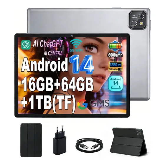 Tablet Acrensly M17 Android 14 | 16GB Ram 64GB ROM Suporta 1TB TF 13MP + Selfie 5MP Câmeras Duplas Cinza Tela 10.1 HD Octa-core até 1.8GHz 6000mAh WiFi 5G 2.4/5GHz TYPE-C 2.0 Autonomia 4-5h